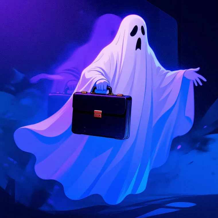 Ghost with briefcase representing ghost jobs and fake hiring